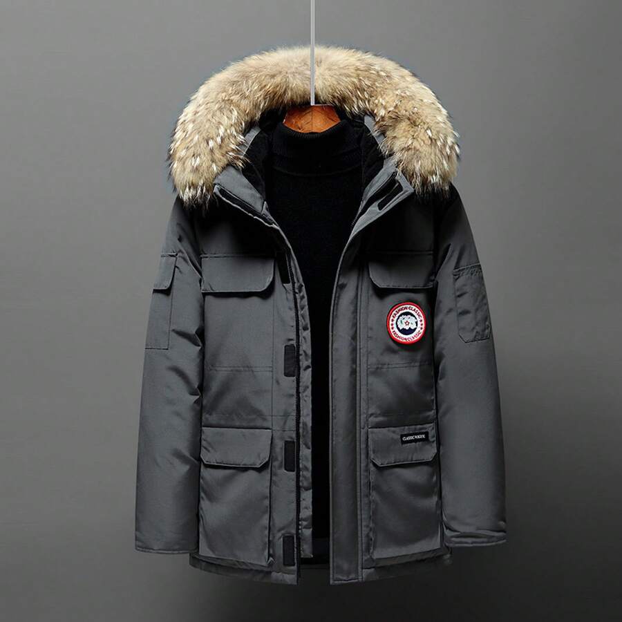 Men's 2025 Winter Canada Down Jacket For -20 ° C Extreme Cold, Canadian Style Plaid Pattern Coat, Thermal Insulated White Duck Down Overcoat, Waterproof Windproof Couple Matching Outerwear, Heavy Duty Parka With Hood - 深灰色(真毛領) - 查看 1