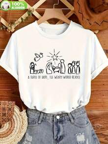 Camiseta-Casual-de-Mujer-con-Manga-Corta-y-Estampado-de-Escena-de-la-Natividad-&-Frase-Inspiradora---Tejido-de-Poliéster-Rosa-Suave,-Elasticidad-Media,-Ajuste-Regular-para-Primavera-Otoño,-Lavabl 100% algodón - Blanco - Ver 2