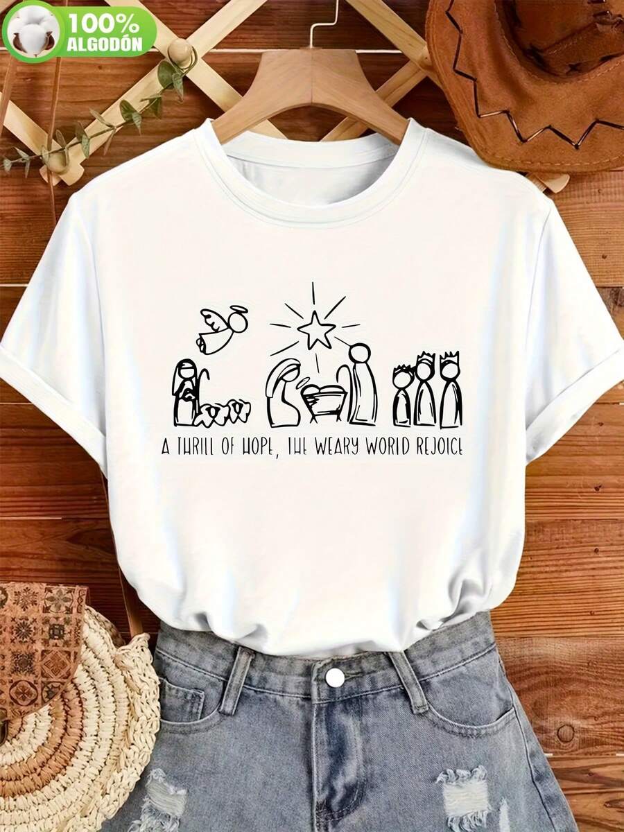 Camiseta-Casual-de-Mujer-con-Manga-Corta-y-Estampado-de-Escena-de-la-Natividad-&-Frase-Inspiradora---Tejido-de-Poliéster-Rosa-Suave,-Elasticidad-Media,-Ajuste-Regular-para-Primavera-Otoño,-Lavabl 100% algodón