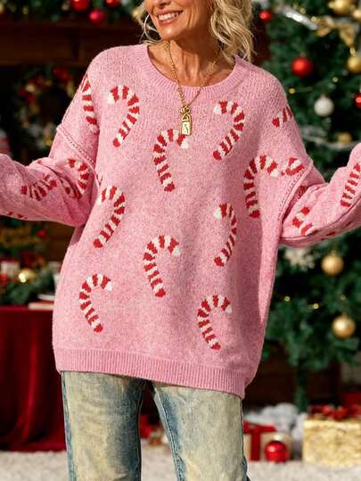 Plus Size Women's Pullover Sweater, Classic Christmas Red & White Candy Cane Pattern, Fashionable