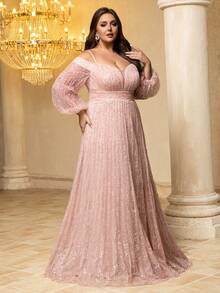 UNITHORSE Plus 女士【随机印花】吊带灯笼袖亮片撞色网纱荷叶边开衩长款晚礼服派对 - 藕粉色 - 查看 3