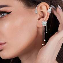 Butterfly Earrings For Women Butterfly Tassel  Earrings Rhinestones Dangle Drop Earrings Butterfly Jewelry Birthday Gifts For Women Wedding Accessories For Brides Bridesmaides - B:1pc Silver Right Butterfly Ear Cuff Earrings - View 9