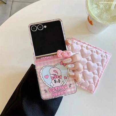 Cute Cartoon Rabbit Heart Folding Phone Case Compatible With Samsung Galaxy Z Flip3 5G/Galaxy Z Flip 4 5G/Galaxy Z Flip 5 5G/Galaxy Z Flip 6 5G/Galaxy Z Flip 7 5G, For Women