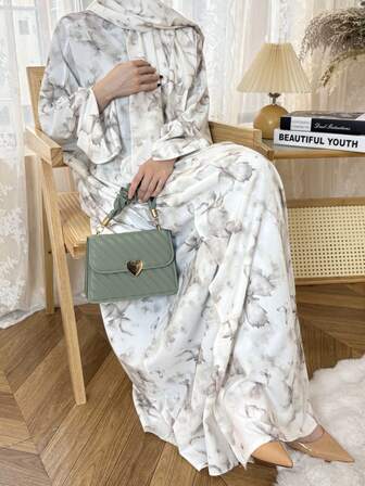 2pcs Elegant Butterfly Print Abaya Cardigan Jacket, Casual For Gathering, Holiday, Party