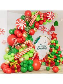A Set Of 146 Pieces, Including Red, Green, And Gold Latex Balloons. It Contains Cane-Shaped Foil Balloons, Gift Box-Shaped Foil Balloons, Windmill-Shaped Foil Balloons, And Star-Shaped Foil Balloons, Suitable For Christmas Decorations, New Year Decorations, And Birthday Decorations. - Multicolor - View 2