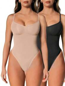 2Pcs High Waist Tummy Control Thong Bodysuit Figure - Nhiều màu - Xem 1