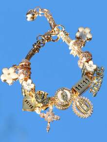 1pc Religious Virgin Mary Charm Bracelet, 1pc Religious Jesus Cross Bracelet, 1pc Fashionable Sakura DIY Bracelet, 1pc Angel Number 1111 Bracelet - Gold - View 13