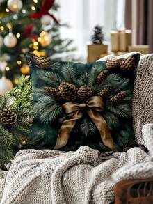 1/2/4pcs Large Square Christmas Cushion Cover - Pine Cones, Golden Bows - Dark Green Holiday Decor - Zipper Closure - Fits Living Room, Bedroom, Entryway - Seasonal Home Accent Pillow Case - Easy-Clean Fabric, Christmas Pillow Covers, Festive Room Decoration, Pinecone Pattern