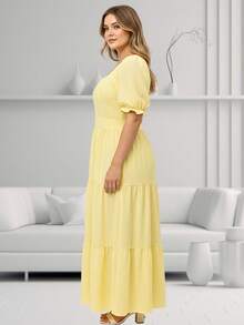 Women's Viscolinho Dress With Floral Print And Elastane, Long And Elegant - Màu vàng - Xem 2