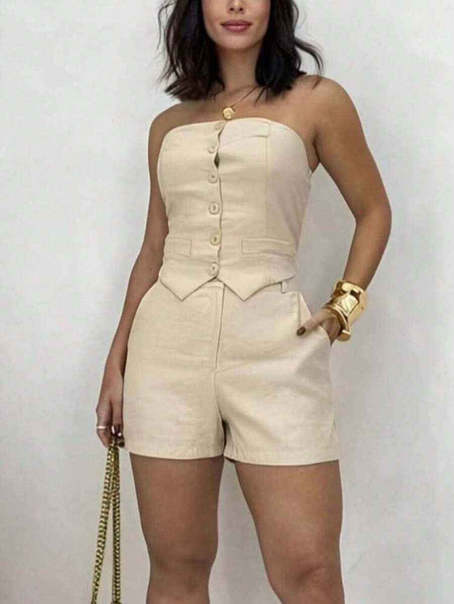 Women's Social Cropped Set With Buttons And Tailored Shorts  2026 - Màu be - Xem 1