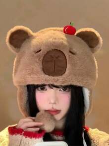 Women's Plush Winter Hat, Washable, Cute Cartoon Capybara Design, Suitable For Back To School And Casual Outings, Handmade Japanese Plush Capybara Hat, Thick Ear Protection Knitted Hat For Women In Autumn And Winter, Animal Design Beanie