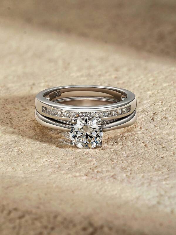 AIHUASI 2pcs/Set Elegant 925 Sterling Silver Wedding Rings Bridal Set For Women Center Stone 6.5*6.5mm 1.0 Carat Brilliant Round Cut Dazzling AAAAA Cubic Zirconia Solitaire Promise Engagement Ring Fine Jewelry Valentines Gift