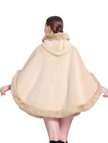 1pc Women's Hooded Multi-Color Faux Rabbit Fur Faux Fur Trim Thick Warm Windproof Fashion Poncho Shawl, Suitable For Daily Wear, Parties, Holidays, Travel