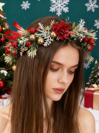 1件手工天然树枝花环，仿生植物装饰头箍，适用于圣诞节、节日派对、头饰、皇冠、发饰、婚礼