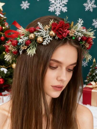 1件手工天然树枝花环，仿生植物装饰头箍，适用于圣诞节、节日派对、服装、皇冠、头饰、发饰、婚礼