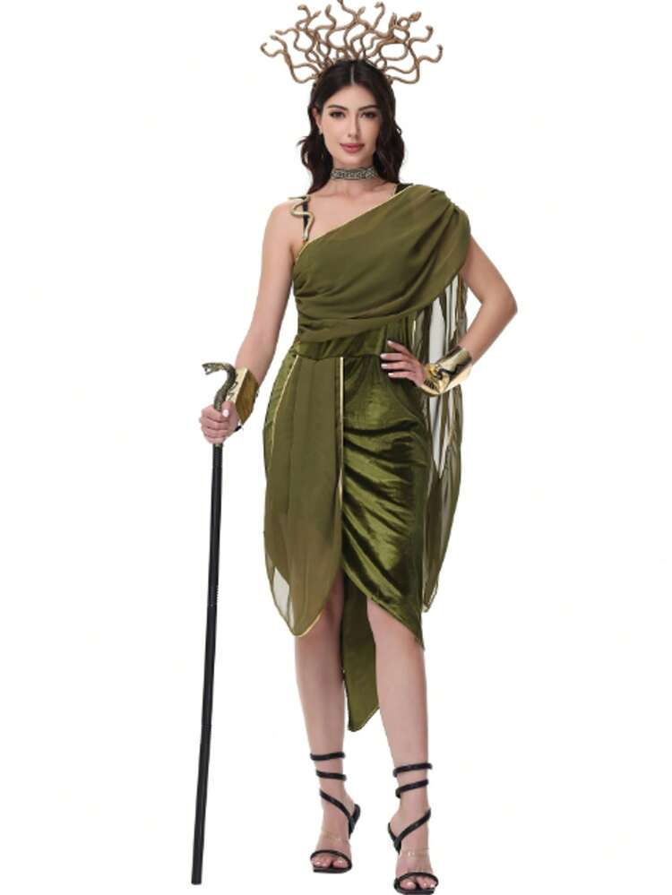3件套：头饰、连体衣、腕带 - 古埃及美杜莎希腊女神克利奥帕特拉COS服装，罗马表演服 - 墨綠色 - 查看 2