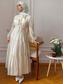 DAZY 女士方领蕾丝拼接复古连衣裙，法式复古宫廷风修身优雅连衣裙，春秋季优雅荷叶边女装生日白色连衣裙女装休闲连衣裙女士生日长袖连衣裙端庄时尚 - 米色 - 查看 2