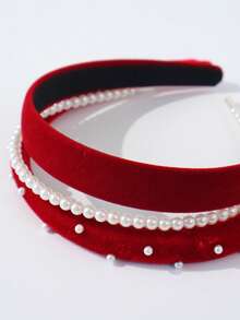 3件套女士优雅天鹅绒珍珠海绵发箍套装，秋冬季百搭发带，发箍，发饰，头饰 - 紅色 - 查看 4