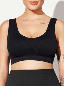 Ropa deportiva para mujer, ropa de yoga, sujetador deportivo sin costuras, de alta sujeción, que absorbe la humedad, transpirable, para gimnasio, deportes y actividades al aire libre, tallas grandes y curvas - Negro - Ver 7