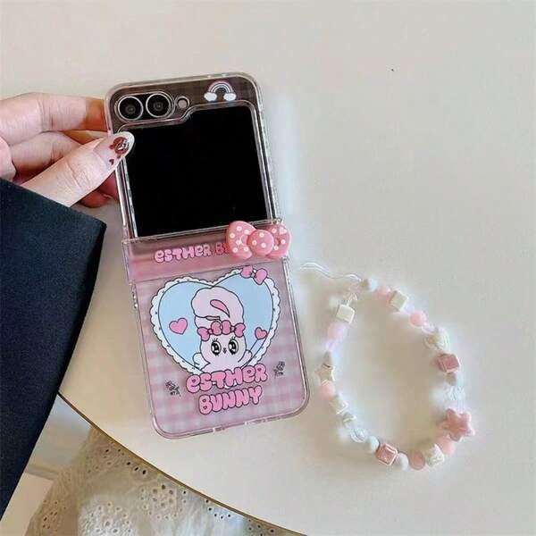 Sanrio غطاء هاتف قابل للطي بشكل أرنب كرتوني مع سلسلة، مناسب لهواتف سامسونج جالكسي زد فليب 3 5G/جالكسي زد فليب 4 5G/جالكسي زد فليب 5 5G/جالكسي زد فليب 6 5G/جالكسي زد فليب 7 5G، للنساء