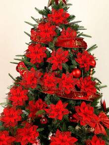 Fleur de Noël artificielle décorative rouge, scintillante, ornement pour sapin de Noël, décoration de couronne de fête d'hiver (or profond), convient pour la décoration de fête de Noël