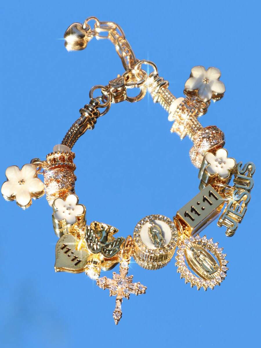 1pc Religious Virgin Mary Charm Bracelet, 1pc Religious Jesus Cross Bracelet, 1pc Fashionable Sakura DIY Bracelet, 1pc Angel Number 1111 Bracelet