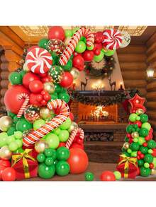 A Set Of 146 Pieces, Including Red, Green, And Gold Latex Balloons. It Contains Cane-Shaped Foil Balloons, Gift Box-Shaped Foil Balloons, Windmill-Shaped Foil Balloons, And Star-Shaped Foil Balloons, Suitable For Christmas Decorations, New Year Decorations, And Birthday Decorations. - Multicolor - View 3
