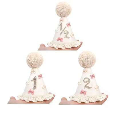 1件蕾丝边蝴蝶结生日派对帽，半岁生日派对帽，一周岁生日帽，两岁生日帽，波西米亚风生日派对帽，锥形生日帽，生日派对头饰，拍照道具，蛋糕装饰，宠物派对帽