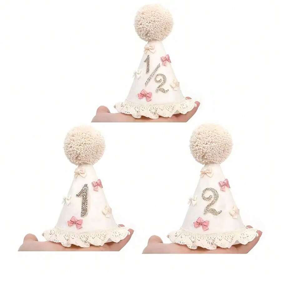 1件蕾丝边蝴蝶结生日派对帽，半岁生日派对帽，一周岁生日帽，两岁生日帽，波西米亚风生日派对帽，锥形生日帽，生日派对头饰，拍照道具，蛋糕装饰，宠物派对帽 - 彩色 - 查看 1