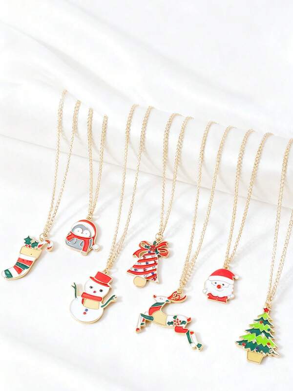 1pc Girl's Christmas European And American Cartoon Drip Oil Reindeer Snowman Bell Necklace, Creative Design, Versatile Gift Pendant