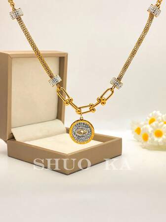 Women's Evil Eye Pendant Necklace | Fully Paved Detailed Elegant Necklace | Evil Eye Amulet Pendant | Fashionable Exaggerated Vintage Layered Necklace | Rhinestone Decorated Circle + Eye Symbol | Unique Design Women's Jewelry | Delicate Amulet Necklace Sparkling Style | Fully Paved Detail + Eye Pattern | Vintage Chain Necklace | Patchwork + Amulet Pendant | Ideal Gift For Couples