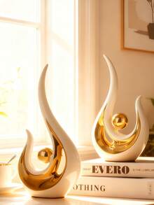 2 piezas de figuras decorativas de cerámica blanca y dorada, decoración de dormitorio en negro y dorado, estatuas de arte moderno abstracto de cerámica, adecuadas para sala de estar, oficina, comedor, decoración de mesa de comedor en negro y dorado