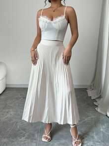 Women's Autumn/Winter Knitted A-Line Skirt, High Waist Pleated Flared Dress - Apricot - View 3