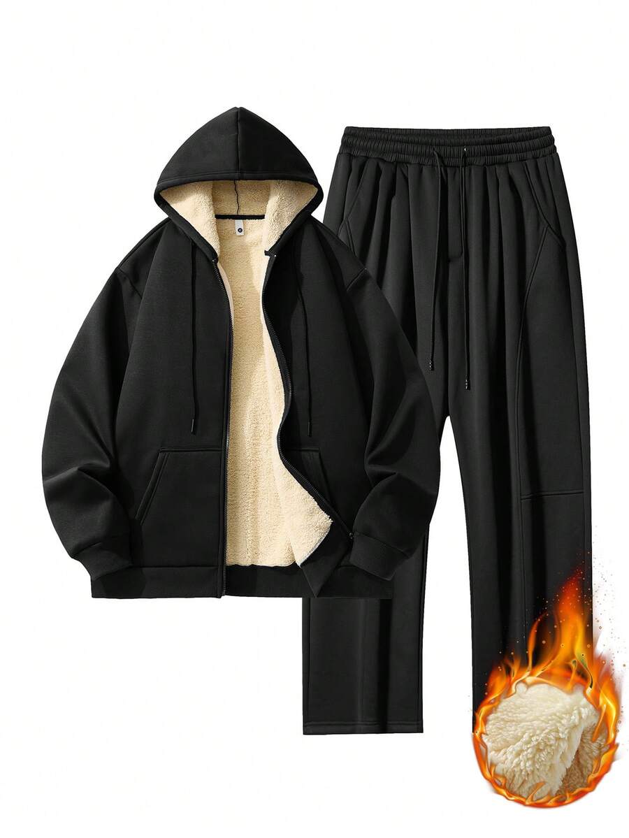 Plus Size Thermal Lined Outfit, Hoodedsweatshirtn Sherpa Sweatshirt, Solid Black Straight Leg Fleece Pants, Suitable For Winter
