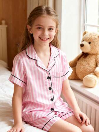 2pcs/Set Girls Striped Print Lapel Top And Shorts Sleepwear Set, Casual Homewear Outfit