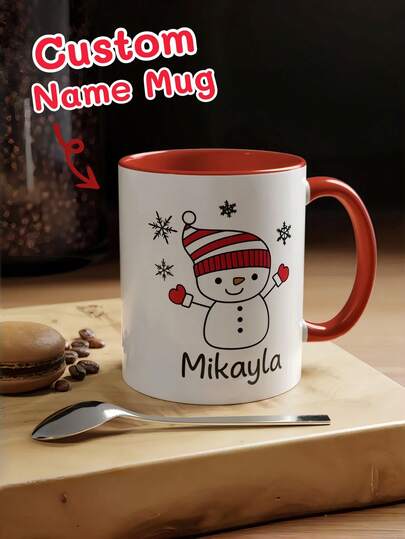 1pc Customized Christmas Mug, Personalized With Name, Cute Snowman Design, Holiday Customized Coffee Cup Gift, Suitable For Her, Him, Kids Or Teachers, Creative Gift For Birthday, Christmas And Special Occasions