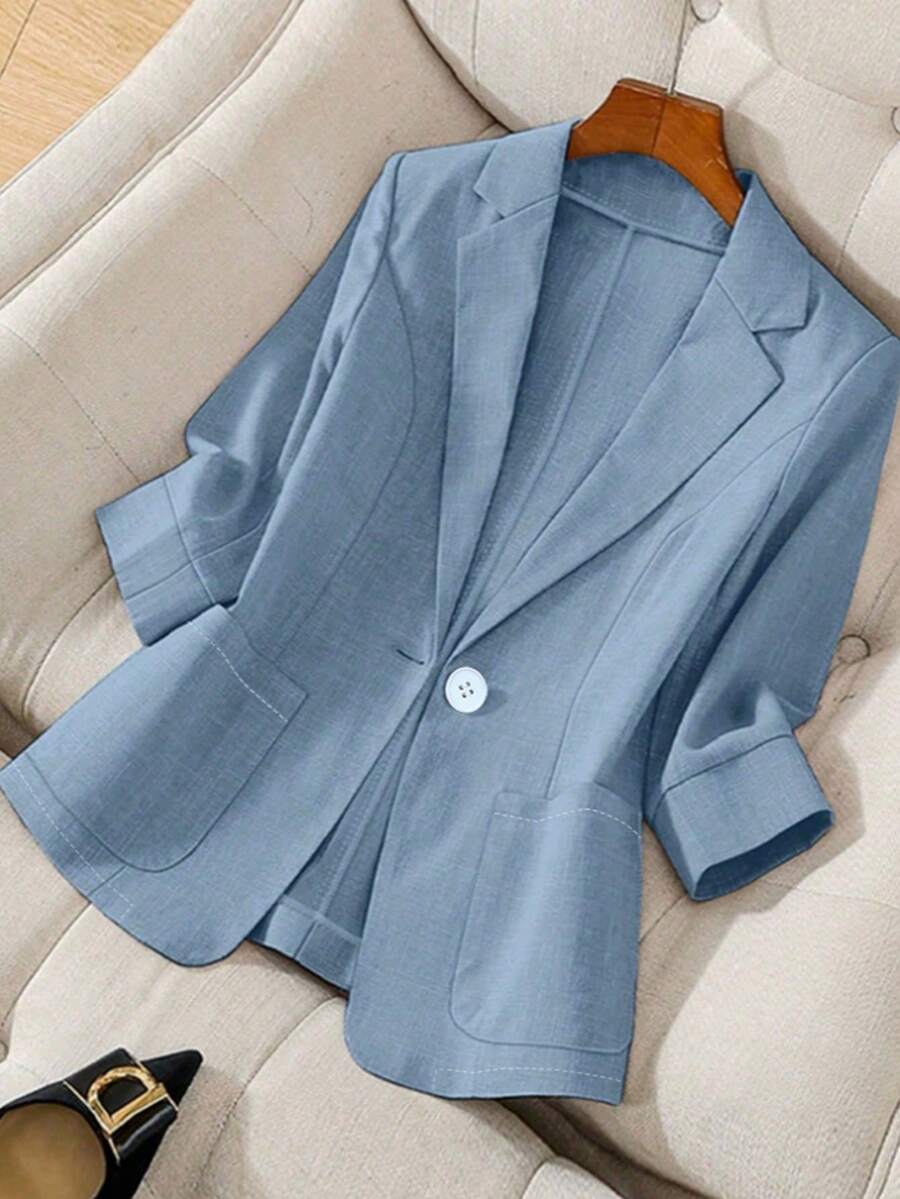 Women's Elegant Solid Color Peaked Lapel Single Button Pocket Suit Jacket - Blue - View 1