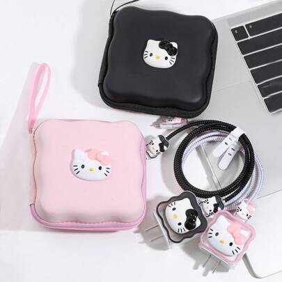 SANRIO 헬로 키티 데이터 케이블 충전기 충전 보관 대용량 보관 가방 지퍼 낙하 방지 데이터 케이블 보호 세트 5피스 세트 와인딩 장치 고정 장치 파손 방지 데이터 케이블 충전 헤드 보호