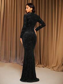 黑色优雅天鹅绒提花晚礼服，适合派对、约会、生日、四季穿着的正式礼服 - 黑色 - 查看 7