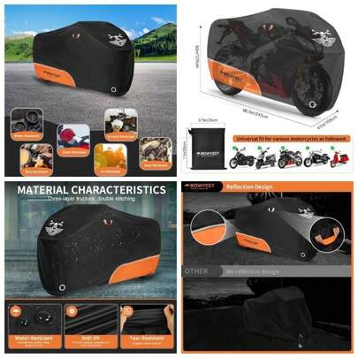 Motorcycle Cover Waterproof Outdoor Storage With Lock - Holes, Zipper Storage Bag Night Reflective Design, All Season Powersports Vehicle Covers Fits To 96.5 Motorcycles