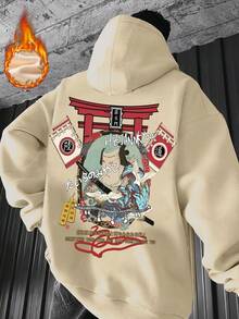 Men's Loose Fit Hoodie With Japanese Ukiyo-E Samurai Print, Autumn/Winter