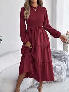 Elegant Floral Lace Trim Round Neck Lantern Sleeve Ruffle Hem Mid-Length Dress For Women, Spring/Autumn - Burgundy - View 5