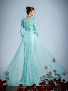 Faeriesty Vestido elegante de manga larga con cuello en V para damas, diseño con abertura alta y cautivadora cola de pez | Perfecto para galas formales, alfombra roja, bodas de lujo, bailes benéficos, eventos corporativos de alta gama - Azul - Ver 3