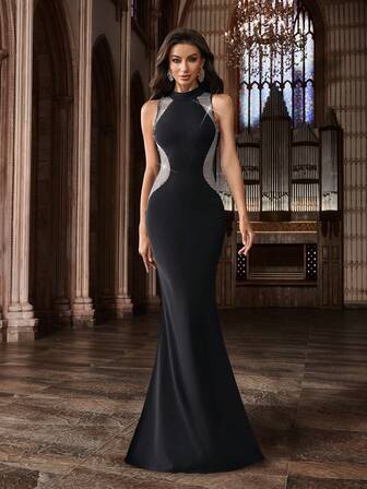 Glamourös mode svart kontrasterande mesh stående krage slitsklänning för formell kväll, cocktailparty, kvällsfest