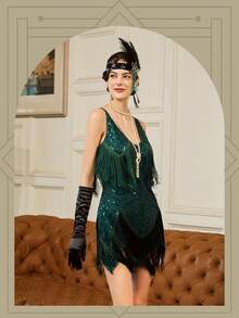 Womens 1920s Flapper Dress,V Neck Great Gatsby Fringe Cocktail Dress With 20s Accessories Set-Roaring 20s Costume - 綠色 - 查看 2