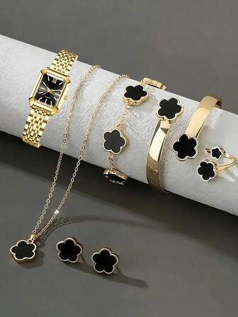 7 ชิ้น ชุดนาฬิกาข้อมือสตรี, นาฬิกาควอทซ์ตัวเรือนสี่เหลี่ยมสีทองหรูหราเรียบง่าย พร้อมชุดสร้อยข้อมือประดับลายดอกไม้, รวมทั้งสร้อยคอ + สร้อยข้อมือ + สร้อยข้อมือ + แหวน + ต่างหู, เหมาะสำหรับใส่ในชีวิตประจำวัน, ชุดนาฬิกาและสร้อยข้อมือ, ของขวัญที่สมบูรณ์แบบสำหรับแฟน