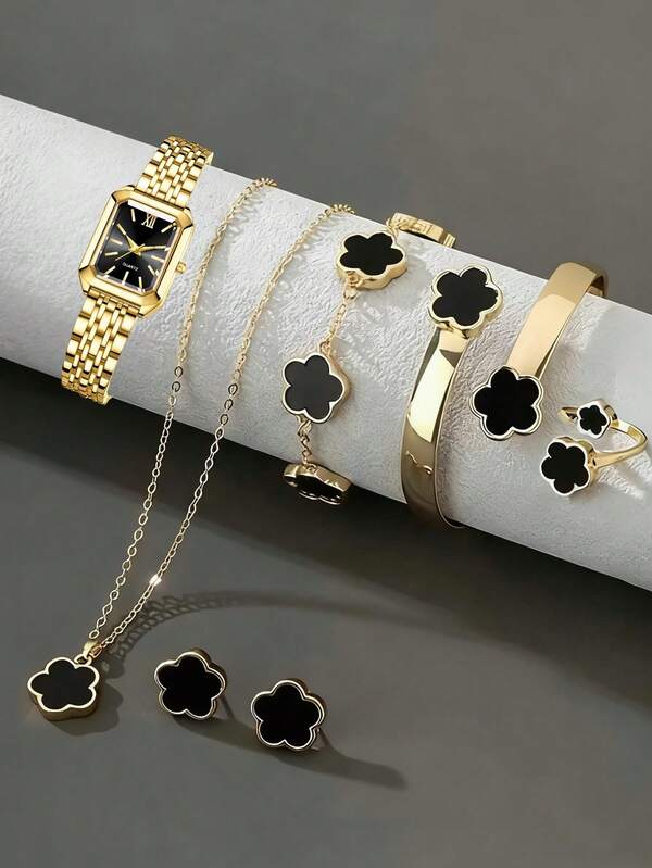 7 pezzi, Orologio da donna, Semplice e di stile lussuoso con cassa quadrata dorata, Orologio al quarzo da donna, Abbinato a un set di braccialetti a forma di fiore, Incluso collana+braccialetto+braccialetto+anello+orecchini, Adatto per uso quotidiano, Set orologio e braccialetto, Regalo perfetto per la fidanzata