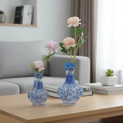 1pc Blue Willow Acrylic Vase - Shatterproof Lightweight Floral Arrangement Vase, Classic Chinese Porcelain Pattern For Modern Home & Office Decor(No Flowers)