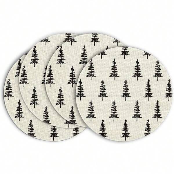 4 Pack 15-Inch Round Christmas Placemats, Beige Farmhouse Style Holiday Decor For Indoor Table, Home Party