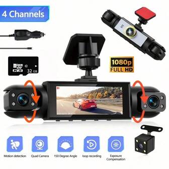 Cámara de salpicadero para automóvil de 4 canales con vista de 360°, 1080P frontal y trasera interior, cámara de salpicadero izquierda y derecha para automóviles con tarjeta SD de 32GB gratis, sensor G, visión nocturna, modo de estacionamiento de 24 horas